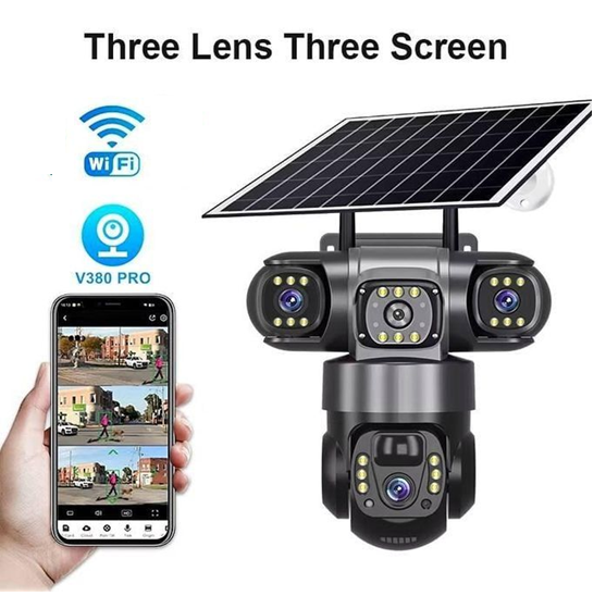 Outdoor WiFi IP Camera Triple Lens Triple Screens Security Video Monitor Night Vision Waterproof, Three Screens, PIR Human Detection, Solar Powered CCTV Security Camera