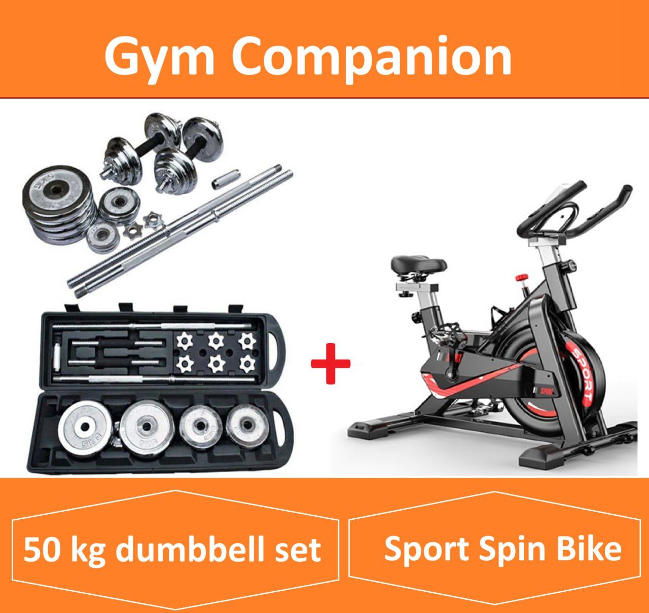 50KG Barbell & Dumbbell Set + Heavy-Duty Exercise Spinning Bike
