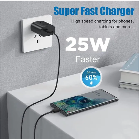 SAMSUNG FAST CHARGER 25 Watts Super Fast Charger with Type C TO C Charging Cable Data CAble For All Type C FOR ALL SAMSUNG PHONES AND ANY OTHER PHONES