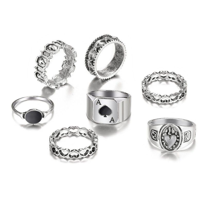 7 Pcs/set Creative Fashion Rings Set For Men And Women Jewelry Simple Atmospheric Dark Vintage Spades Love Ring