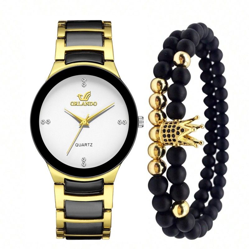 Men's watch set Men's Fashion Business steel band dial Quartz watch Crown beaded bracelet