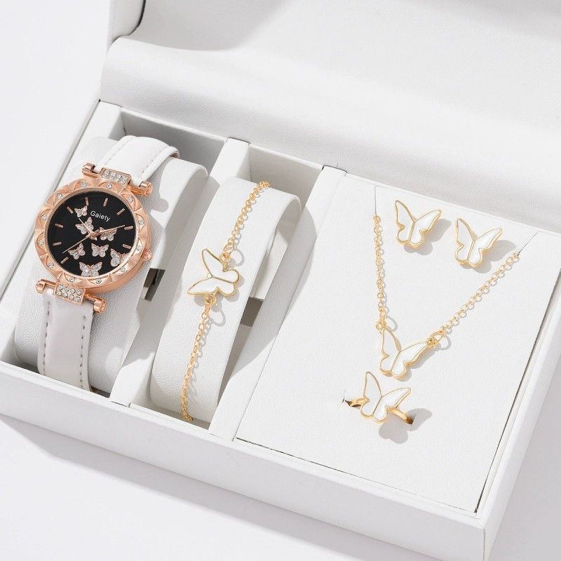 5-Piece Women's Watch Bracelet Necklace Ring Earrings Set Fashion Personality Simple Watch Butterfly Digital Leather Watch