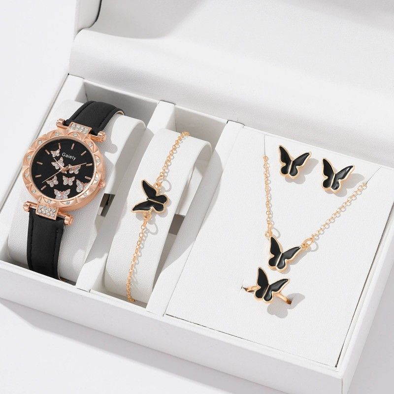 5-Piece Women's Watch Bracelet Necklace Ring Earrings Set Fashion Personality Simple Watch Butterfly Digital Leather Watch