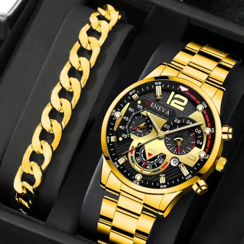2Pcs/Set Fashion Watch Bracelet Set Men Watches Men's Watches Quartz Business Watches  Male Wrist Watch Men Bracelet Jewelry