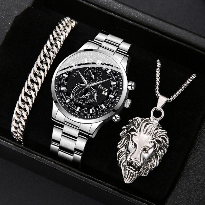 3Pcs/set  Watch Bracelet Necklace Set Fashionable Trendy Business Men's Versatile Steel Strap Quartz Watches Bracelet Lion Necklace Male Wrist Watch