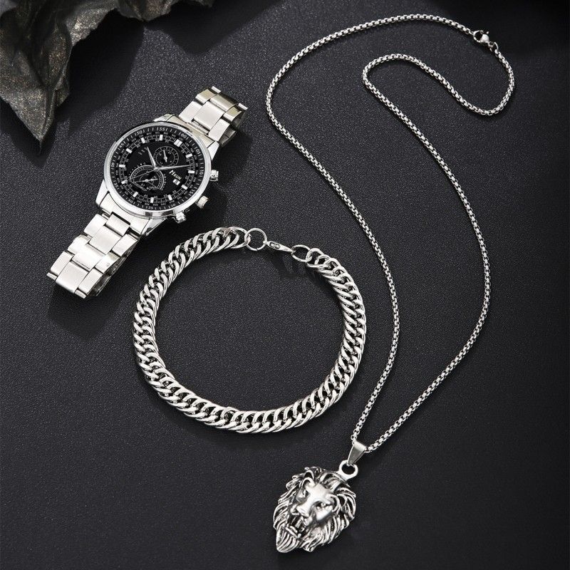 3Pcs/set  Watch Bracelet Necklace Set Fashionable Trendy Business Men's Versatile Steel Strap Quartz Watches Bracelet Lion Necklace Male Wrist Watch