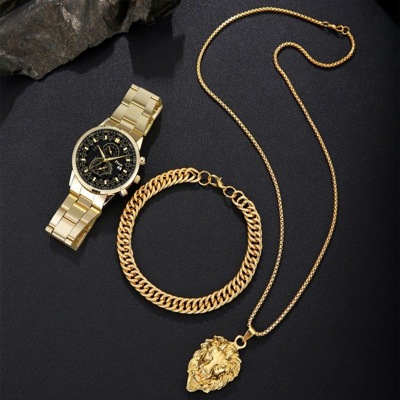 3Pcs/set  Watch Bracelet Necklace Set Fashionable Trendy Business Men's Versatile Steel Strap Quartz Watches Bracelet Lion Necklace Male Wrist Watch