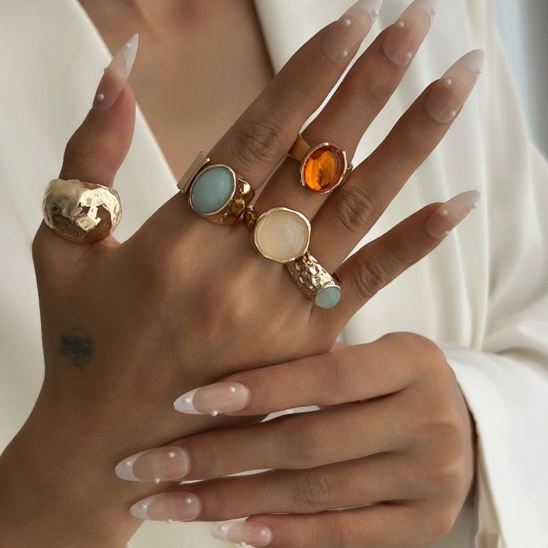 5 Pcs/set Women Rings  Moonstone Irregular Wide Ring For Women Fashion Temperament Versatile Niche Design High-end Index Finger Ring Set Jewelry