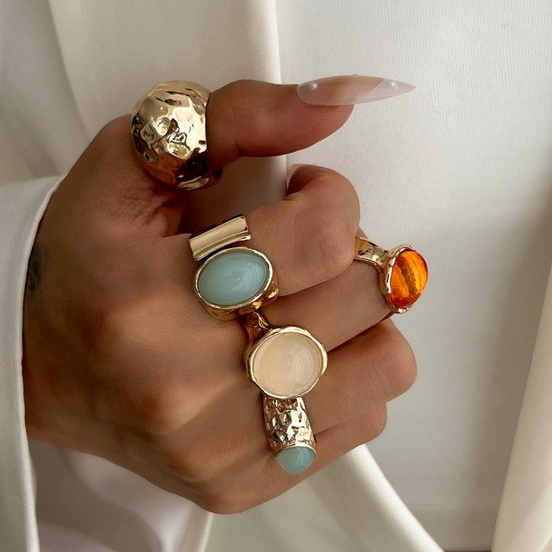 5 Pcs/set Women Rings  Moonstone Irregular Wide Ring For Women Fashion Temperament Versatile Niche Design High-end Index Finger Ring Set Jewelry