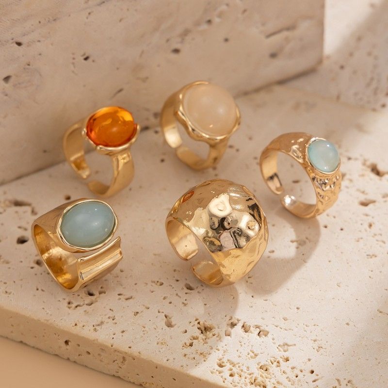5 Pcs/set Women Rings  Moonstone Irregular Wide Ring For Women Fashion Temperament Versatile Niche Design High-end Index Finger Ring Set Jewelry