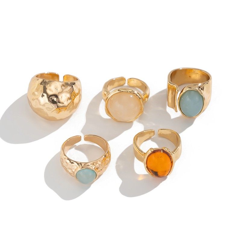 5 Pcs/set Women Rings  Moonstone Irregular Wide Ring For Women Fashion Temperament Versatile Niche Design High-end Index Finger Ring Set Jewelry