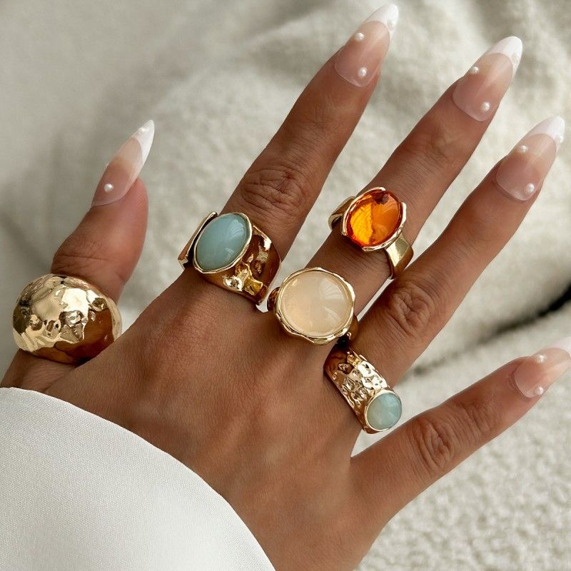 5 Pcs/set Women Rings  Moonstone Irregular Wide Ring For Women Fashion Temperament Versatile Niche Design High-end Index Finger Ring Set Jewelry
