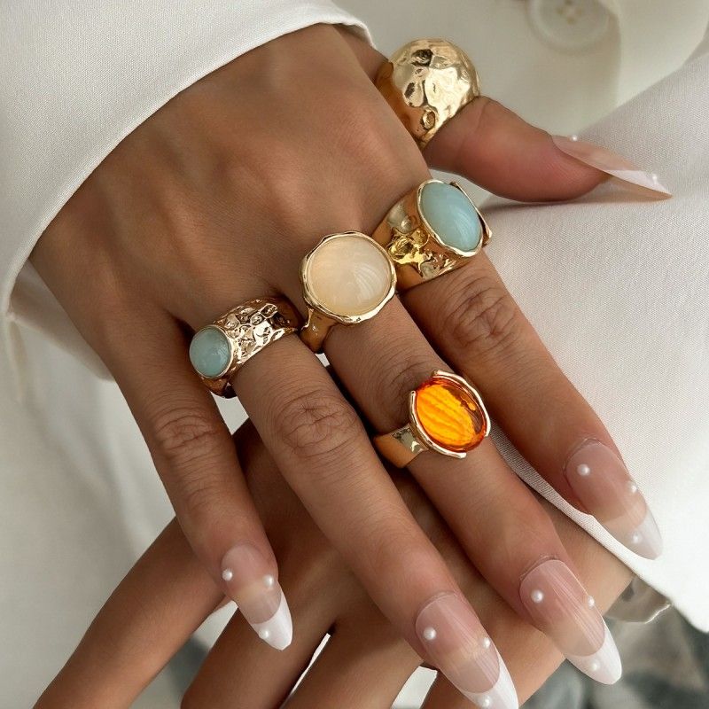 5 Pcs/set Women Rings  Moonstone Irregular Wide Ring For Women Fashion Temperament Versatile Niche Design High-end Index Finger Ring Set Jewelry