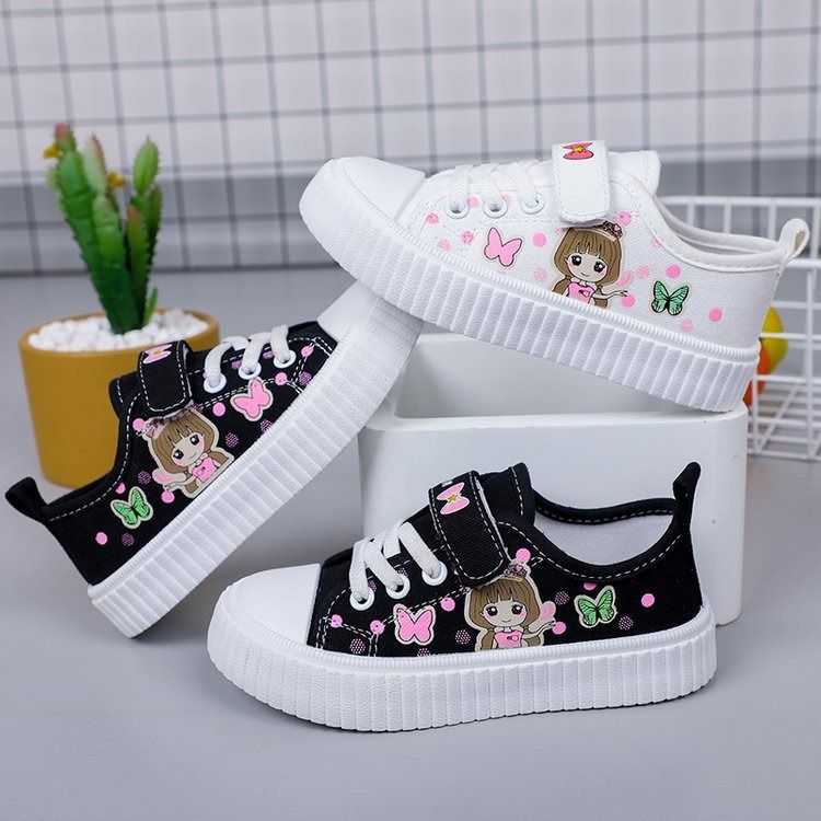 Children's cartoon canvas shoes, girls' flat casual sneakers, student flat light jogging board shoes