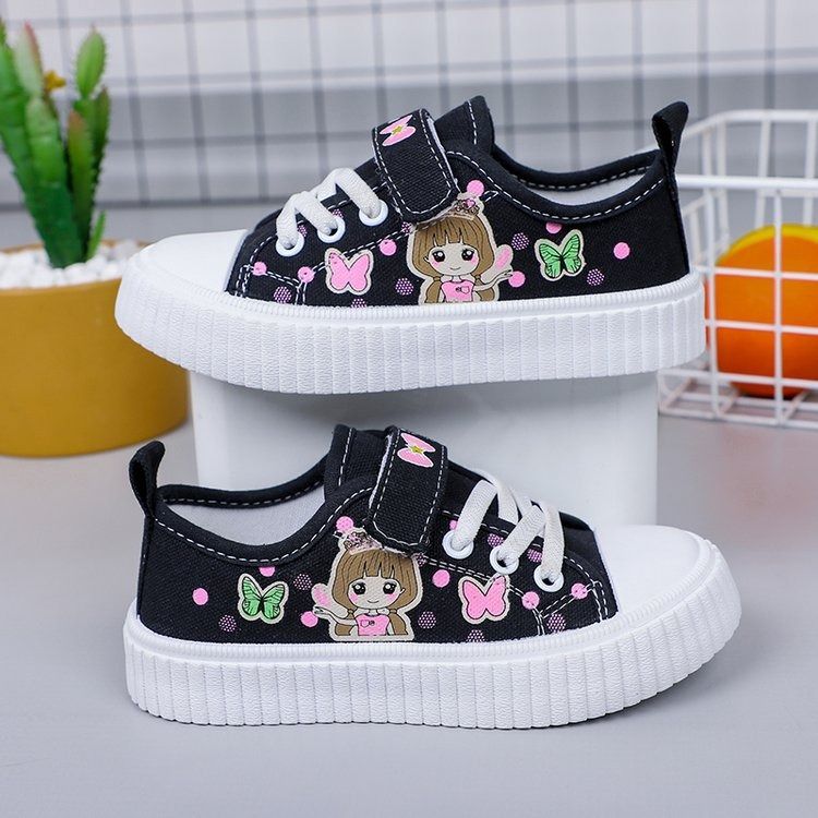 Children's cartoon canvas shoes, girls' flat casual sneakers, student flat light jogging board shoes