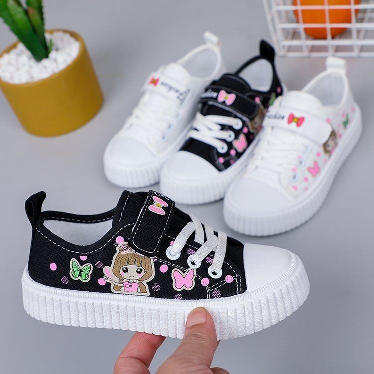 Children's cartoon canvas shoes, girls' flat casual sneakers, student flat light jogging board shoes