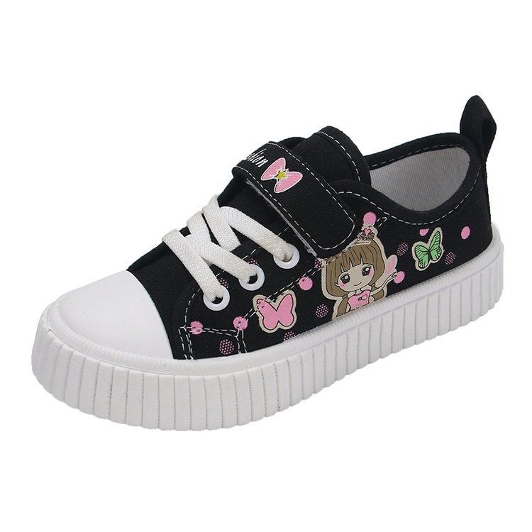 Children's cartoon canvas shoes, girls' flat casual sneakers, student flat light jogging board shoes
