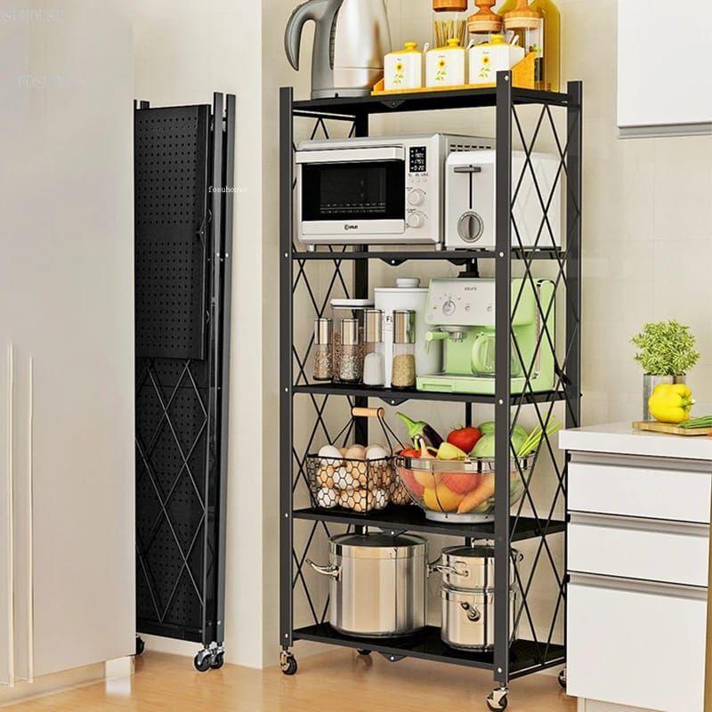 Foldable Kitchen Metallic Storage Rack With Wheels - 5 Tier