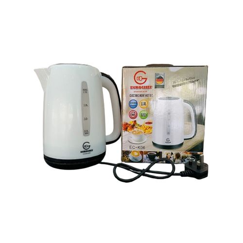 2.3 L EUROCHEF PLASTIC ELECTRIC KETTLE - 2.3 L Capacity
Indicator Lamp, Automatic Switch Off, Water Level Indicator, Removable and Washable Filter, 360-Degree Cordless Power Base .
