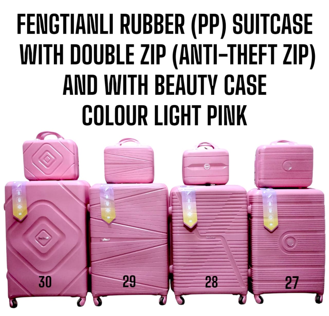 4 IN 1 FENGTIANLI RUBBER SUITCASE WITH DOUBLE ZIP AND WITH BEAUTY CASE (SIZE 27) - 4 wheels rotating at 360°, Strong handle, Rubber material, Make-up bag can be handheld, Beautiful design