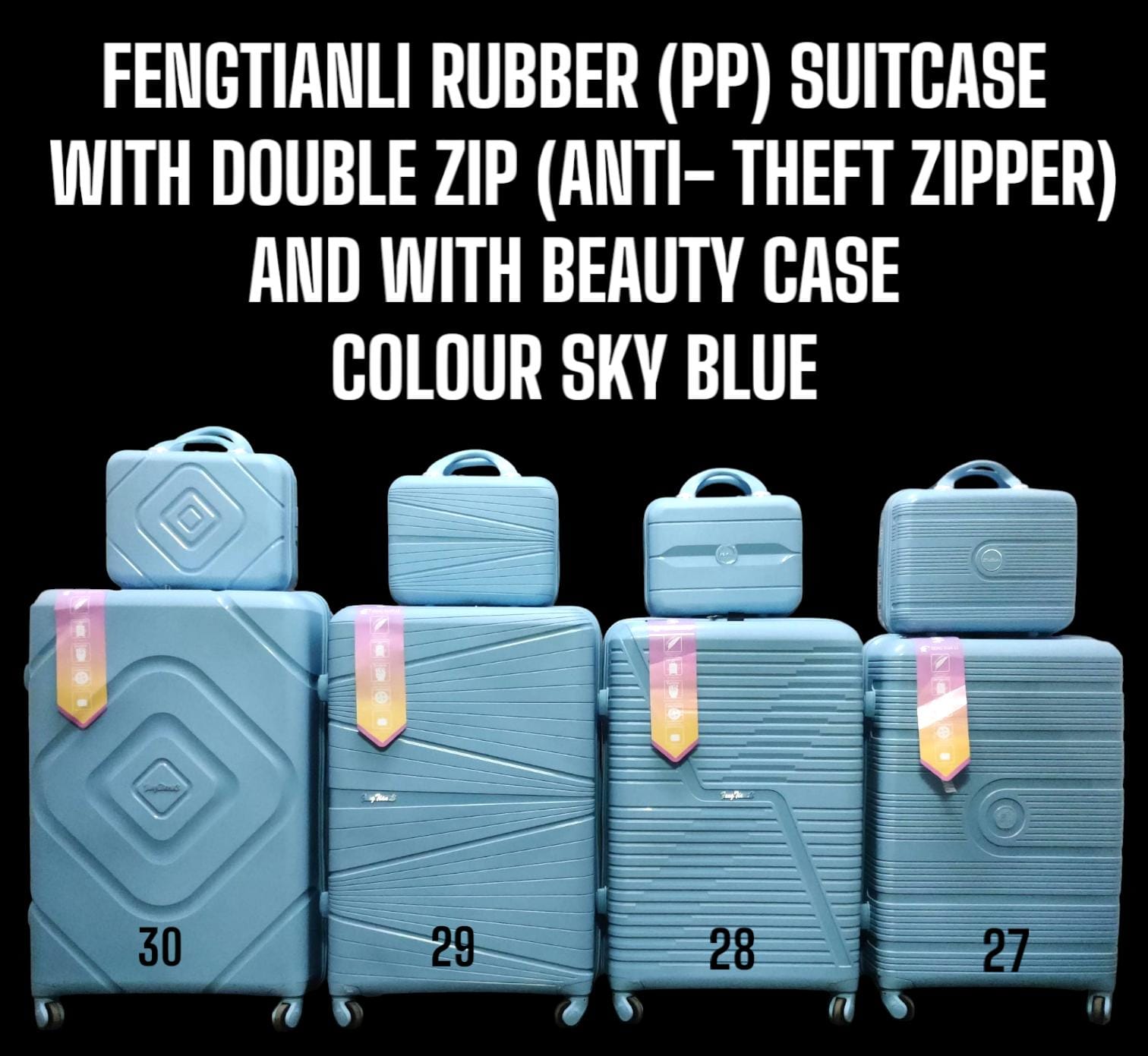 4 IN 1 FENGTIANLI RUBBER SUITCASE WITH DOUBLE ZIP AND WITH BEAUTY CASE (SIZE 27) - 4 wheels rotating at 360°, Strong handle, Rubber material, Make-up bag can be handheld, Beautiful design