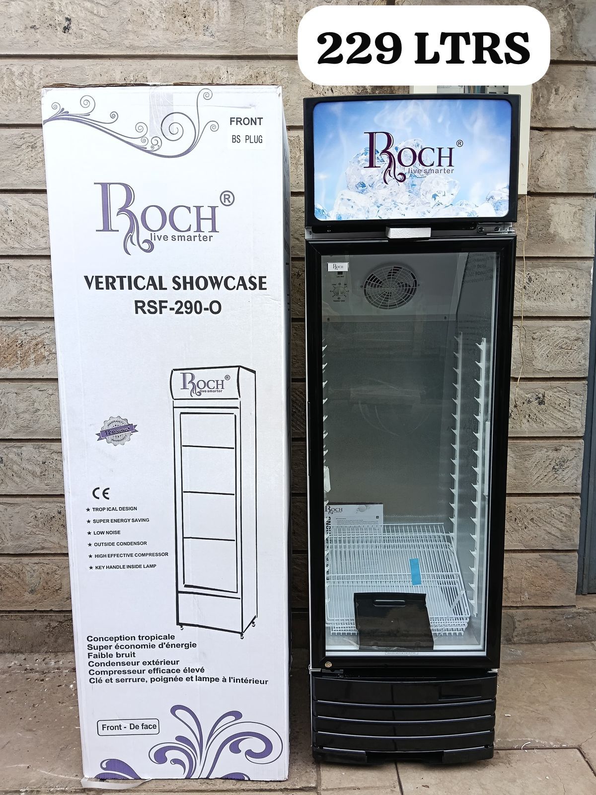 Roch 229L Vertical Showcase Refrigerator – Large Capacity, Energy Efficient Display Fridge, Low-noise compressor for quiet operation, Low power consumption for energy efficiency.