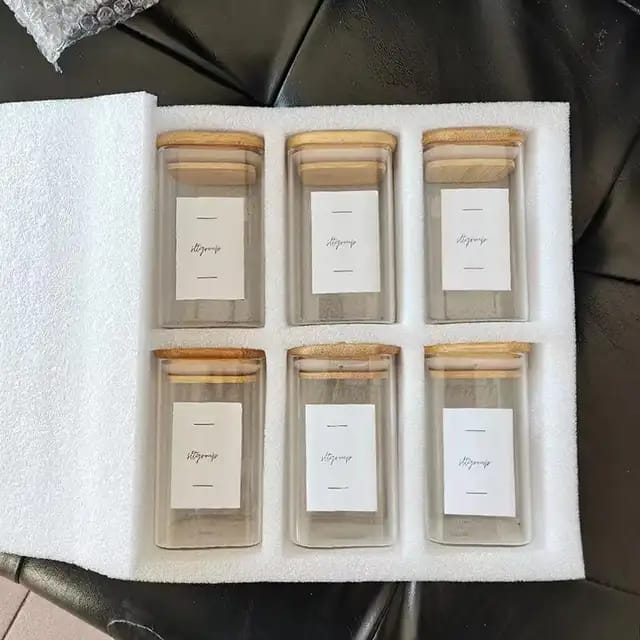 6-pack Square Glass Jars with Bamboo lid And Spoon