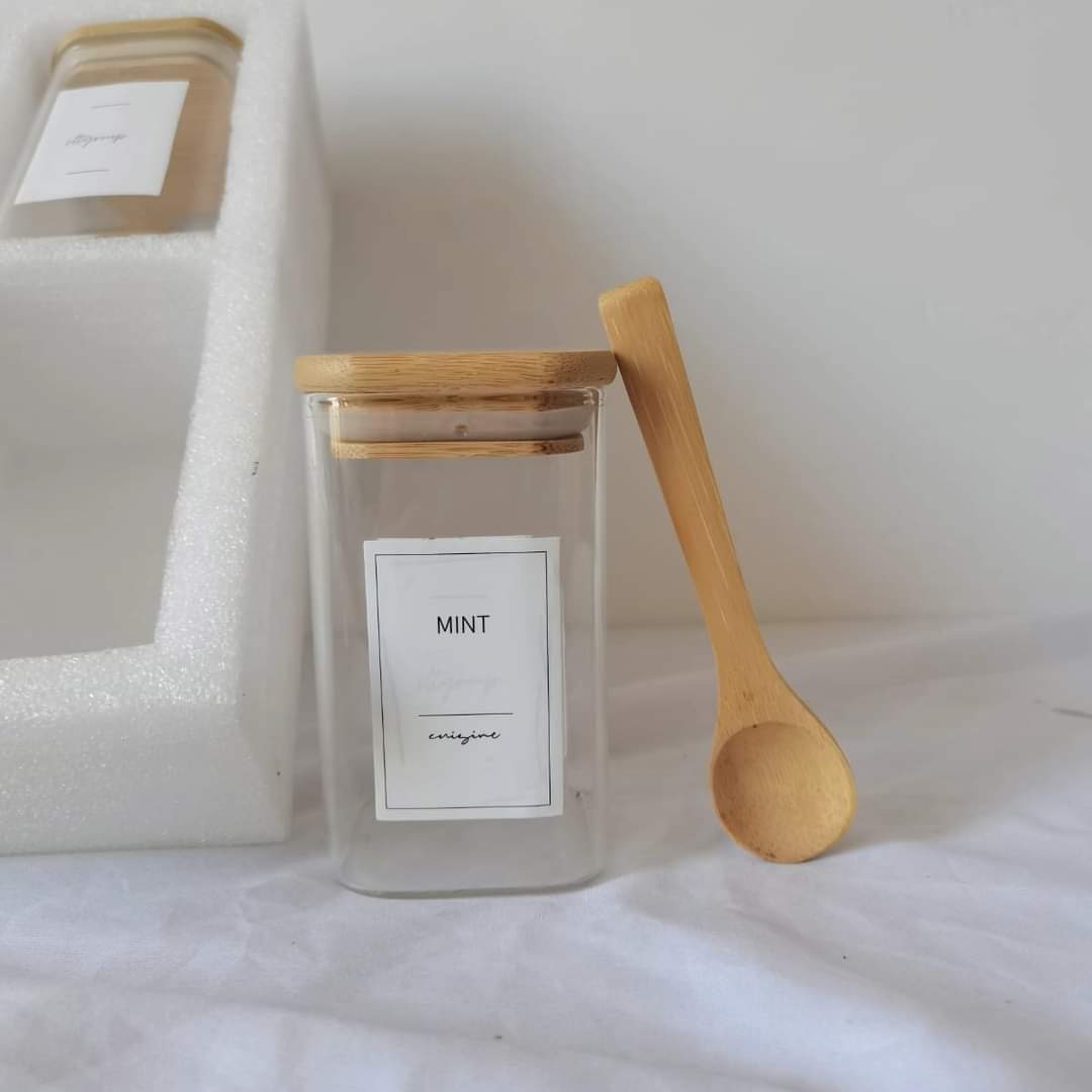 6-pack Square Glass Jars with Bamboo lid And Spoon