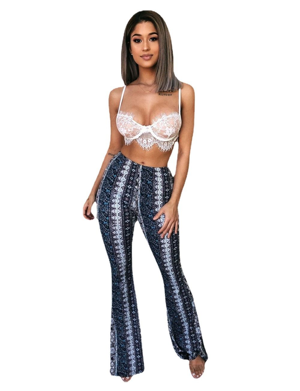 Boho Summer Women's Stretch Bell Bottom Trousers Ladies Slim Printed Flared Pants High Waist Fashion Women Long Pants