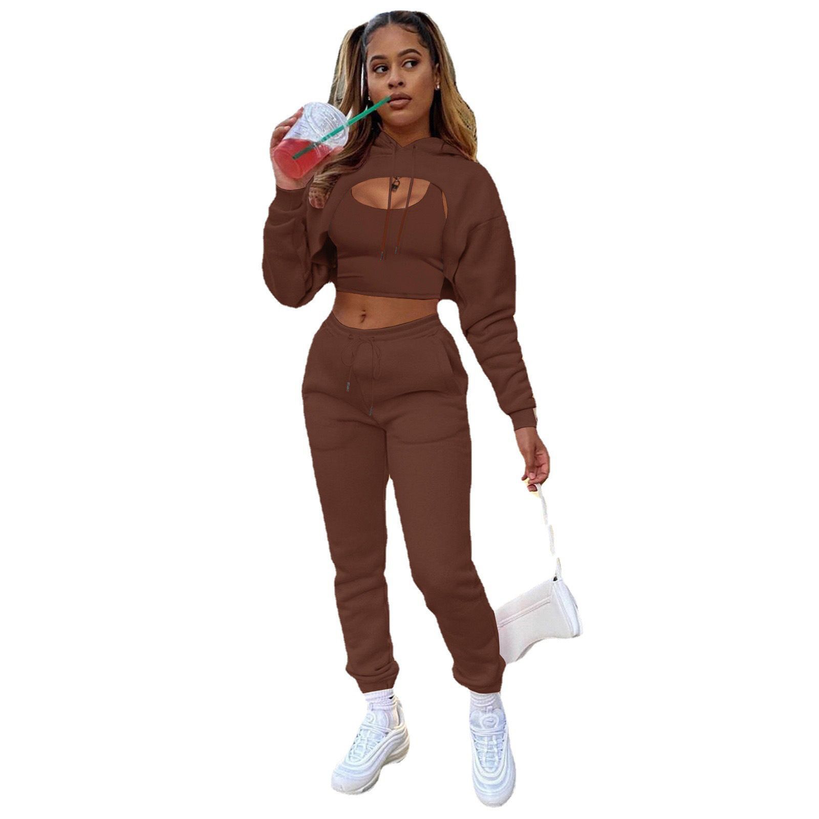 3 Pieces Cropped Sweatshirt Hoodies Sets Solid Crop Top Hoodie Vest Wtih Sweat Pants Women Fall Tracksuit Clothes