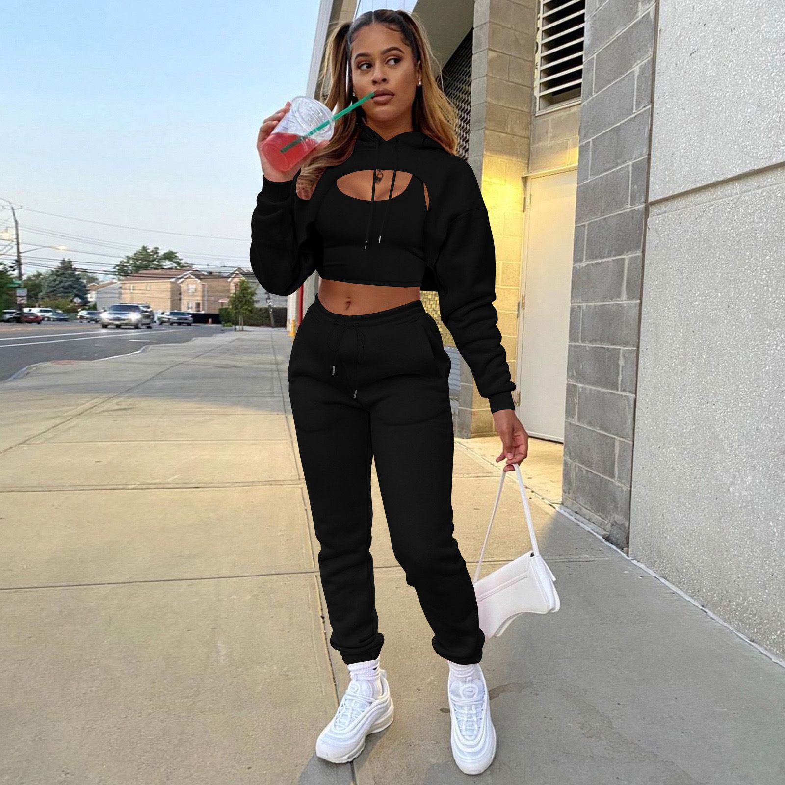 3 Pieces Cropped Sweatshirt Hoodies Sets Solid Crop Top Hoodie Vest Wtih Sweat Pants Women Fall Tracksuit Clothes