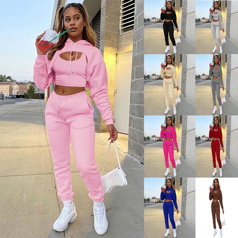 3 Pieces Cropped Sweatshirt Hoodies Sets Solid Crop Top Hoodie Vest Wtih Sweat Pants Women Fall Tracksuit Clothes