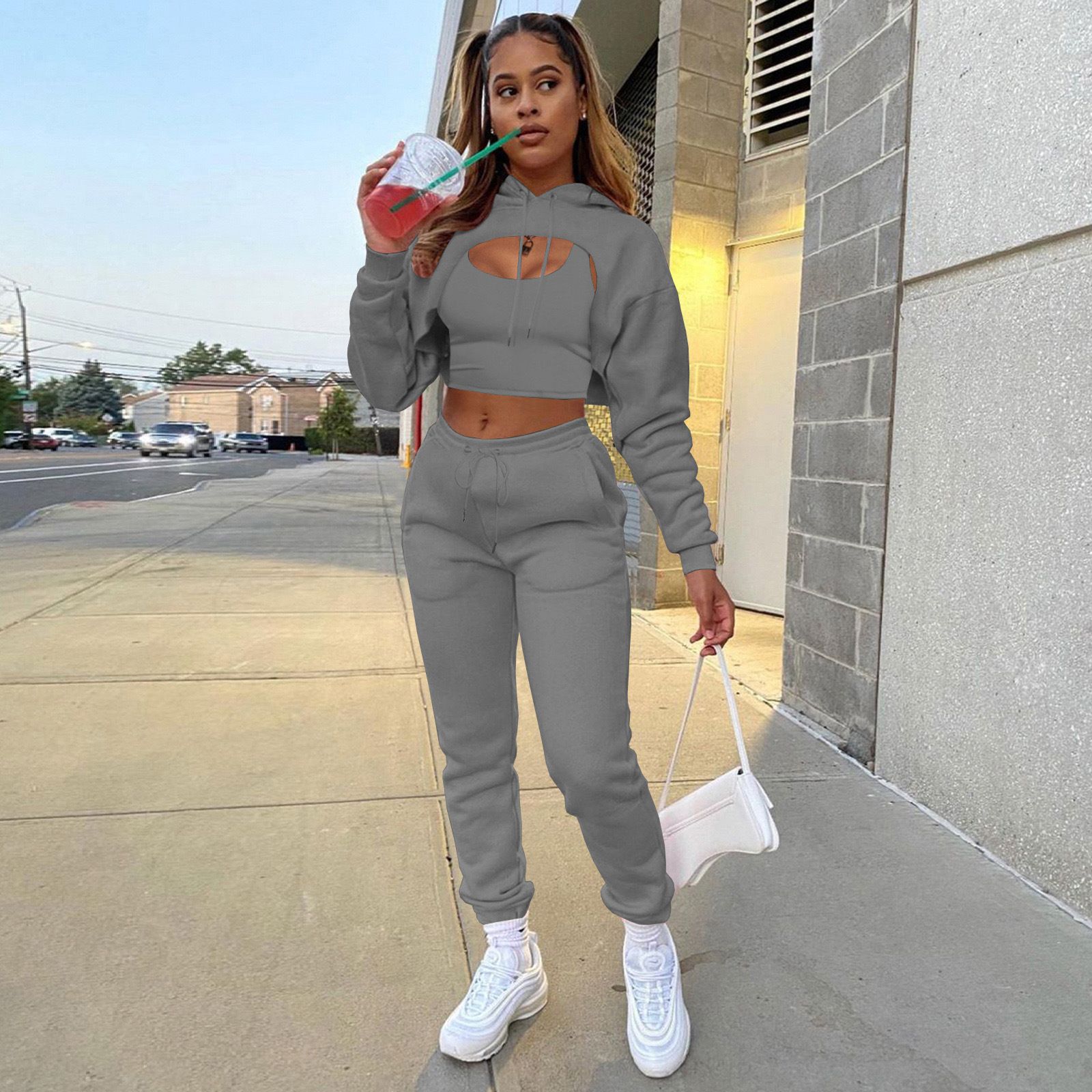 3 Pieces Cropped Sweatshirt Hoodies Sets Solid Crop Top Hoodie Vest Wtih Sweat Pants Women Fall Tracksuit Clothes