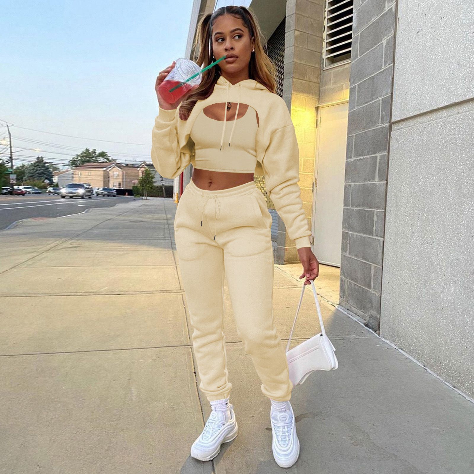 3 Pieces Cropped Sweatshirt Hoodies Sets Solid Crop Top Hoodie Vest Wtih Sweat Pants Women Fall Tracksuit Clothes