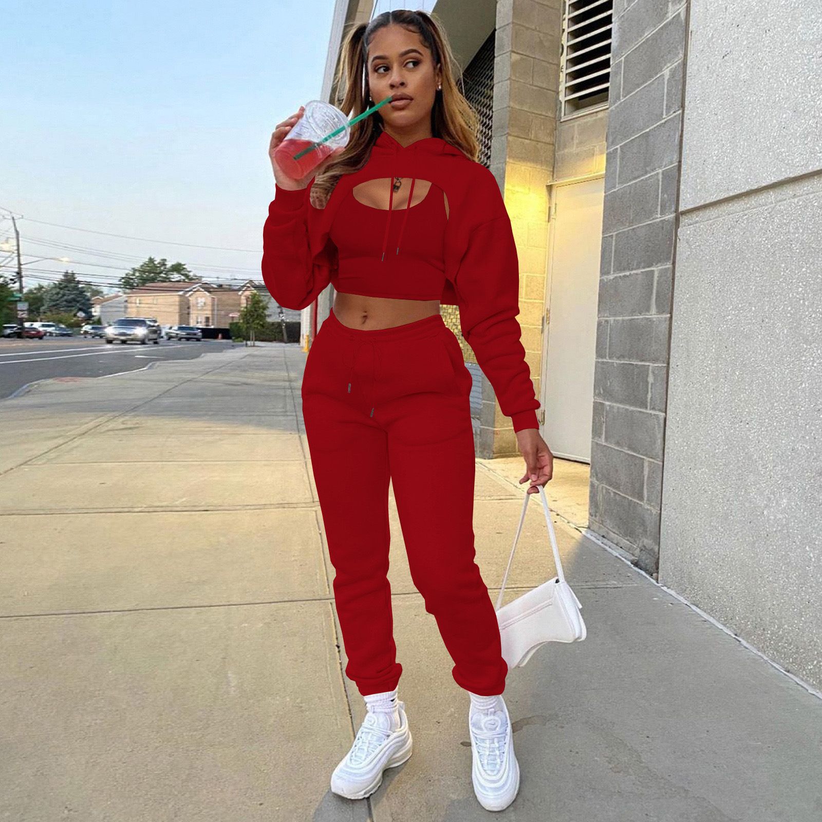 3 Pieces Cropped Sweatshirt Hoodies Sets Solid Crop Top Hoodie Vest Wtih Sweat Pants Women Fall Tracksuit Clothes
