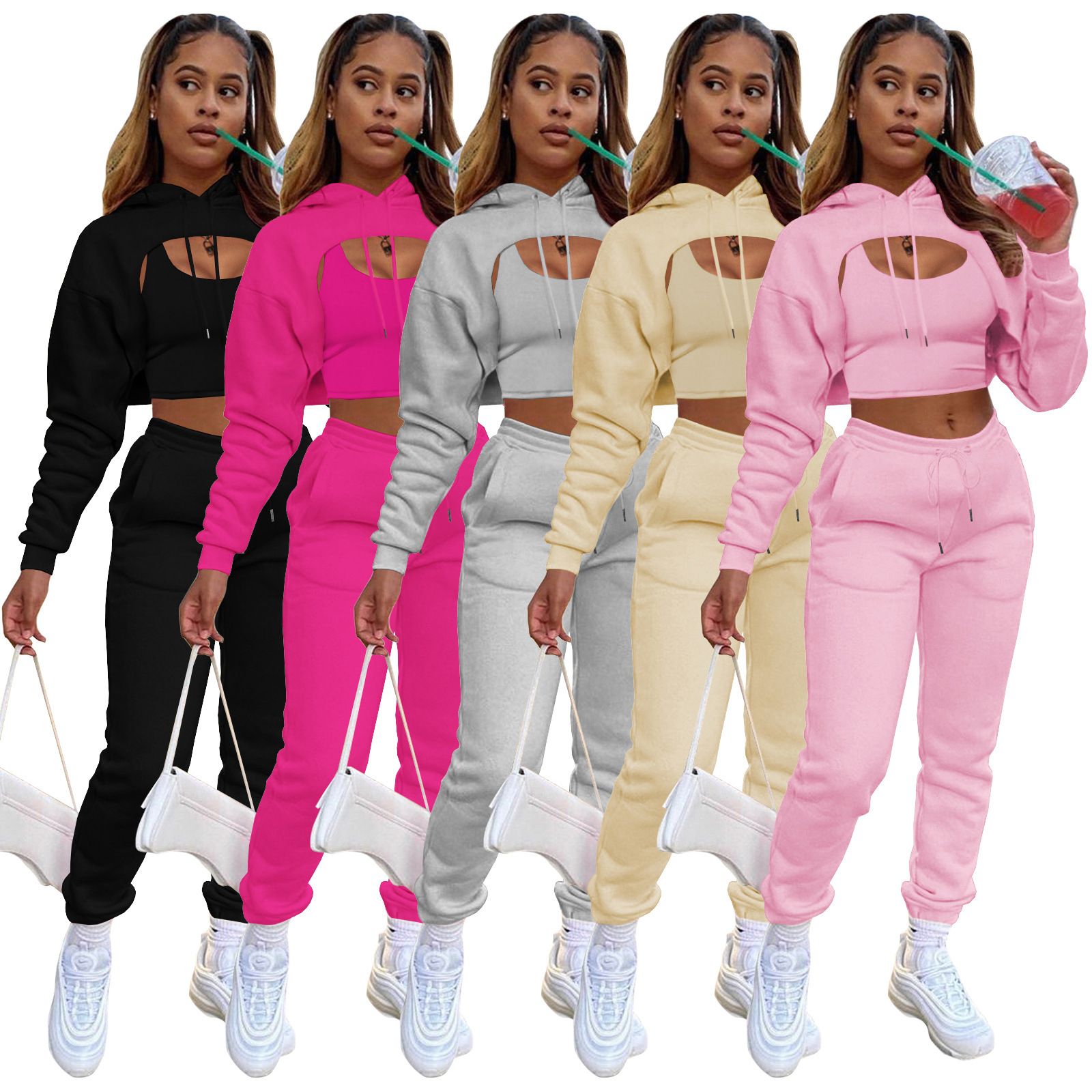 3 Pieces Cropped Sweatshirt Hoodies Sets Solid Crop Top Hoodie Vest Wtih Sweat Pants Women Fall Tracksuit Clothes