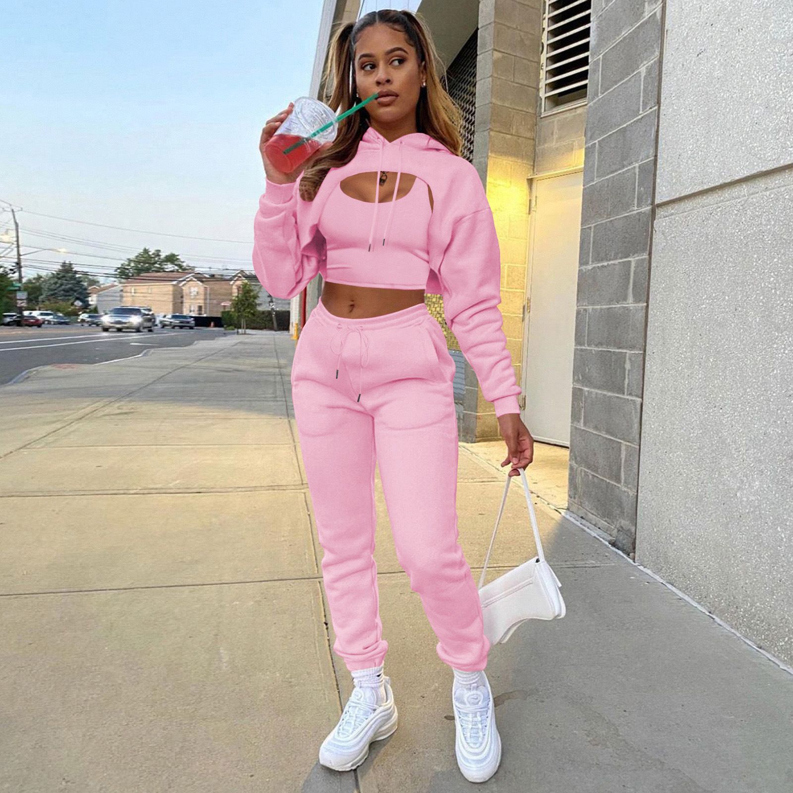 3 Pieces Cropped Sweatshirt Hoodies Sets Solid Crop Top Hoodie Vest Wtih Sweat Pants Women Fall Tracksuit Clothes