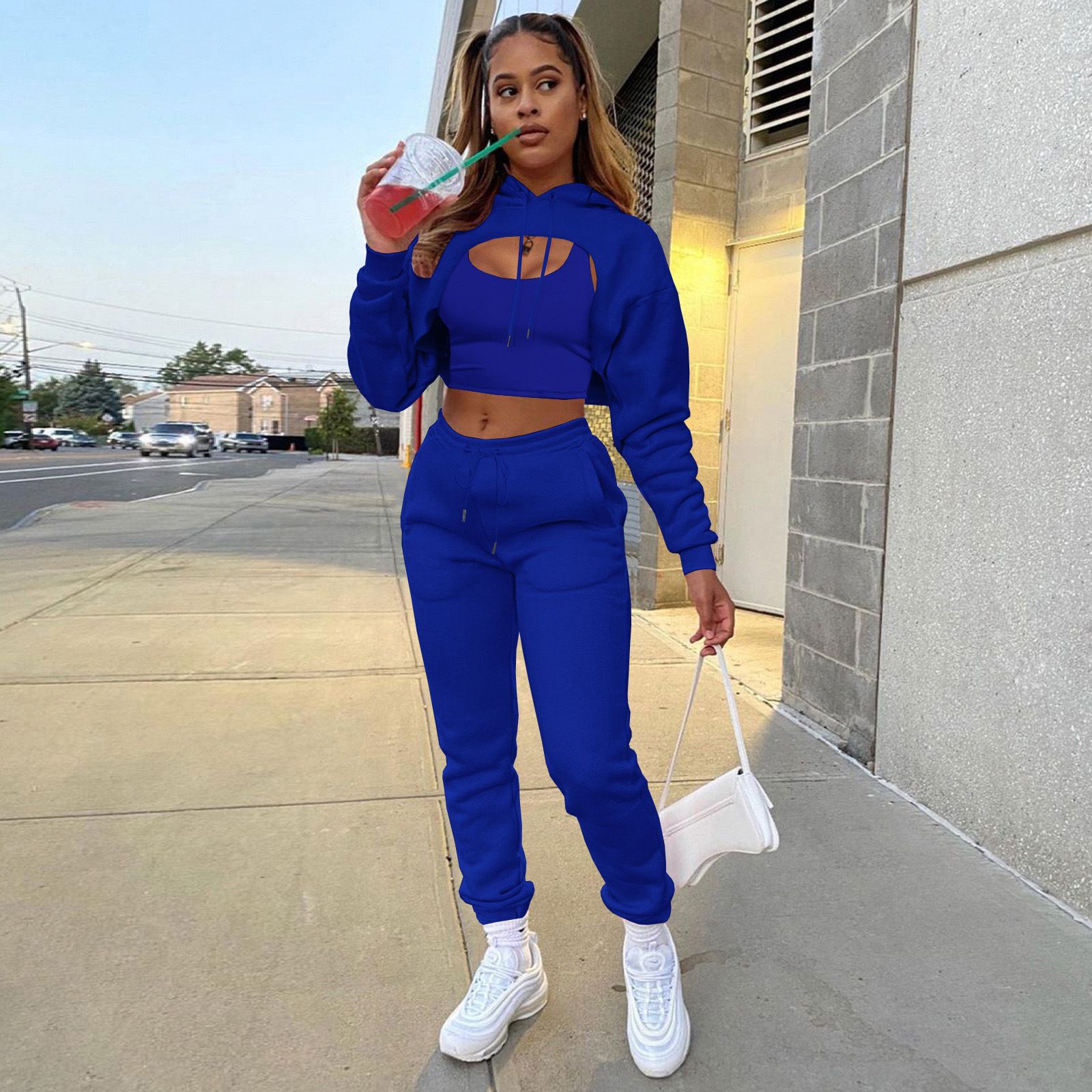 3 Pieces Cropped Sweatshirt Hoodies Sets Solid Crop Top Hoodie Vest Wtih Sweat Pants Women Fall Tracksuit Clothes