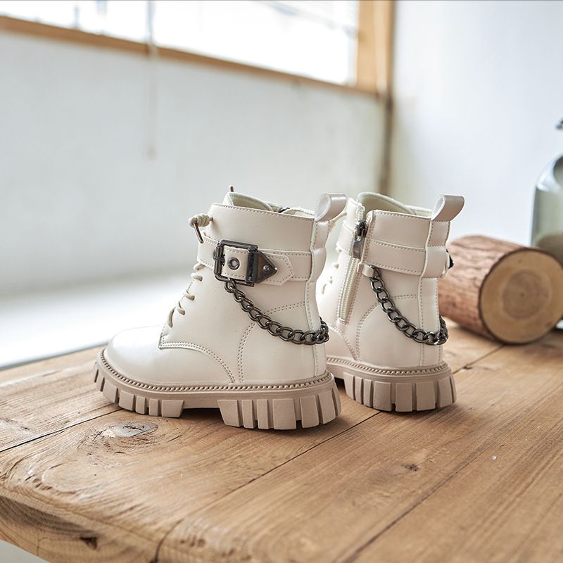 Children New Boots Soft-soled Girls Boots Autumn and Winter Warm British Style Boys Leather Boots Student Metal Chain Hot