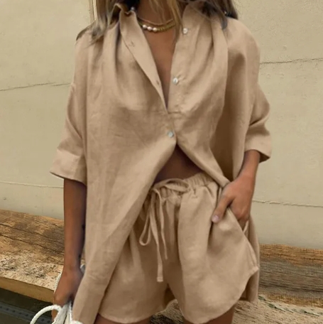 Women Solid Shirts Set Half Sleeve Lapel Neck Button-up Cotton and Linen suit Shirts Irregular Hem Drawstring Shorts Sets