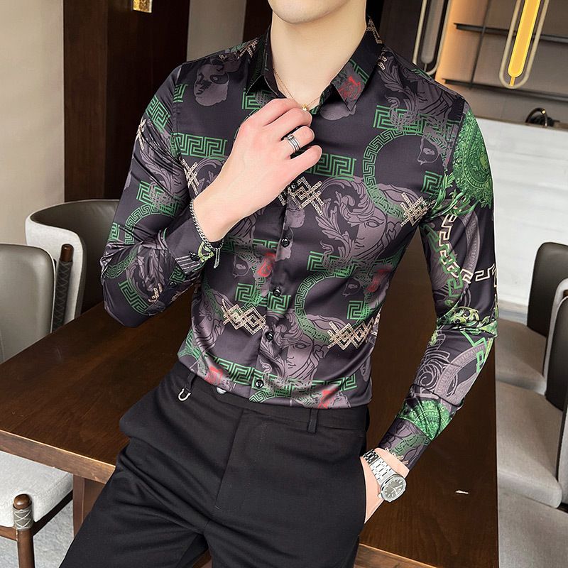 Autumn Men's Printed Long Sleeve Shirt New Fashion Hawaii Slim Fit Shirts Casual Party Night Club Shirts Men M-4XL