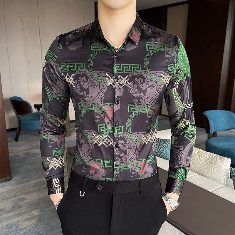 Autumn Men's Printed Long Sleeve Shirt New Fashion Hawaii Slim Fit Shirts Casual Party Night Club Shirts Men M-4XL