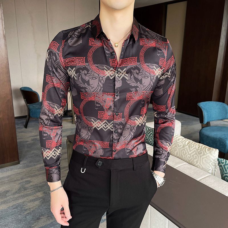 Autumn Men's Printed Long Sleeve Shirt New Fashion Hawaii Slim Fit Shirts Casual Party Night Club Shirts Men M-4XL