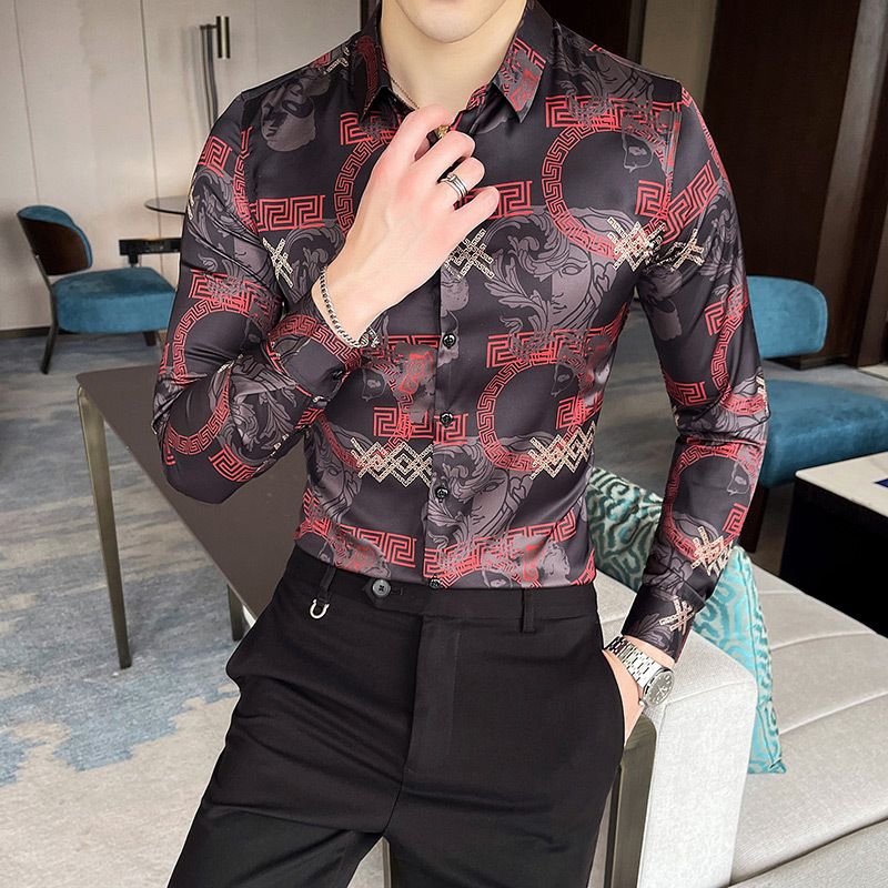 Autumn Men's Printed Long Sleeve Shirt New Fashion Hawaii Slim Fit Shirts Casual Party Night Club Shirts Men M-4XL