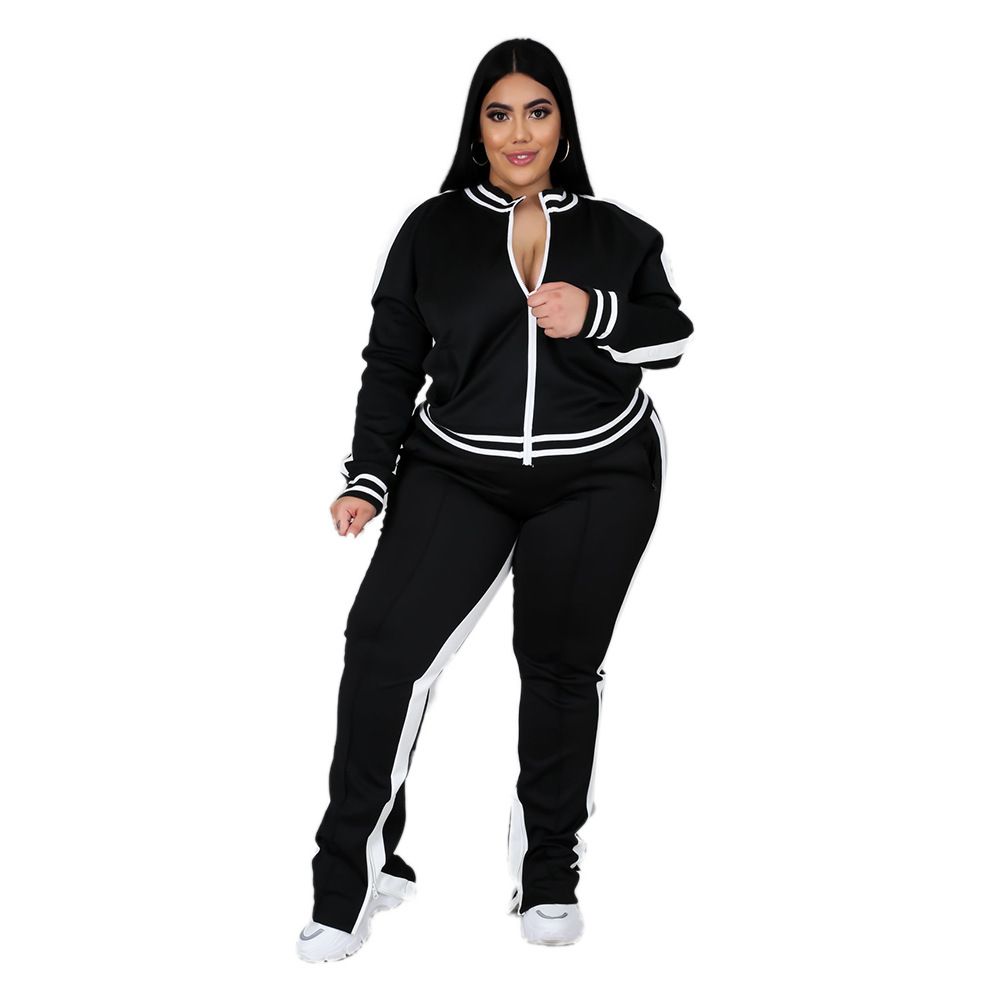 Plus Size L-5XL Two Piece Set Women Sweatsuit Zip Striped Top Slit Sweatpants Jogger Outfit Matching Set Wholesale Dropshipping