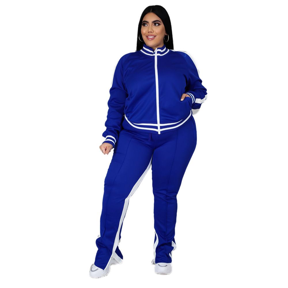 Plus Size L-5XL Two Piece Set Women Sweatsuit Zip Striped Top Slit Sweatpants Jogger Outfit Matching Set Wholesale Dropshipping