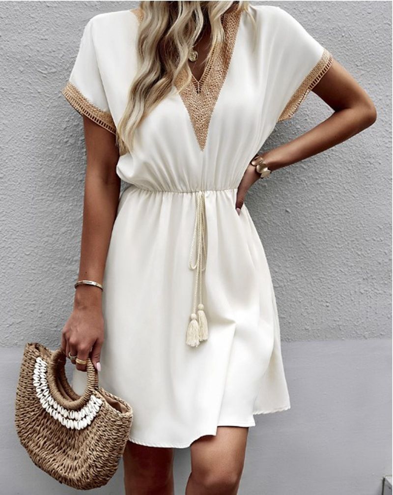 Elegant Office Ladies Dress Casual V-neck Short-sleeve Lace Lace-up Mini Dress For Women Summer White Beach Dresses
