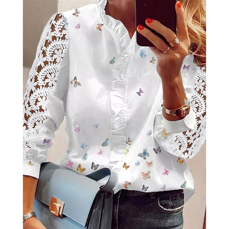 Autumn Fashion Butterfly Print Women Blouses Lace Long Sleeve Ruffle V-Neck Blouse Shirt Casual Tee Tops Elegant Work Shirt