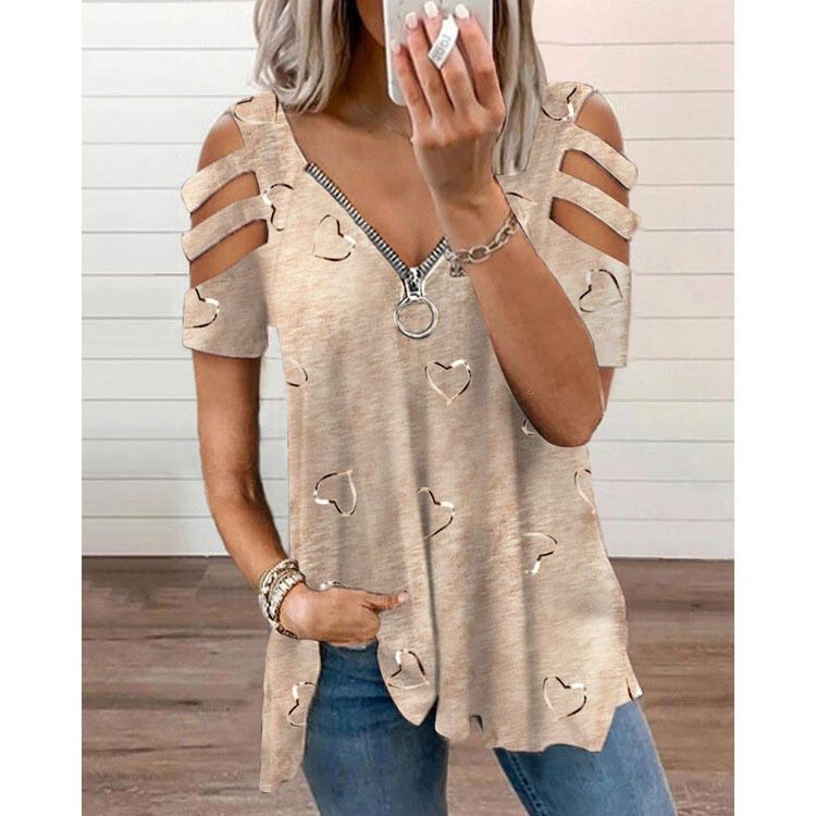 Women Summer Top V Neck Low-cut Hollow Out Short Sleeves T-shirt Match Pants Loose Plus Size Women Blouse Women Clothes