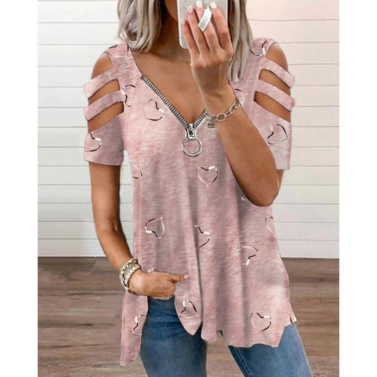 Women Summer Top V Neck Low-cut Hollow Out Short Sleeves T-shirt Match Pants Loose Plus Size Women Blouse Women Clothes
